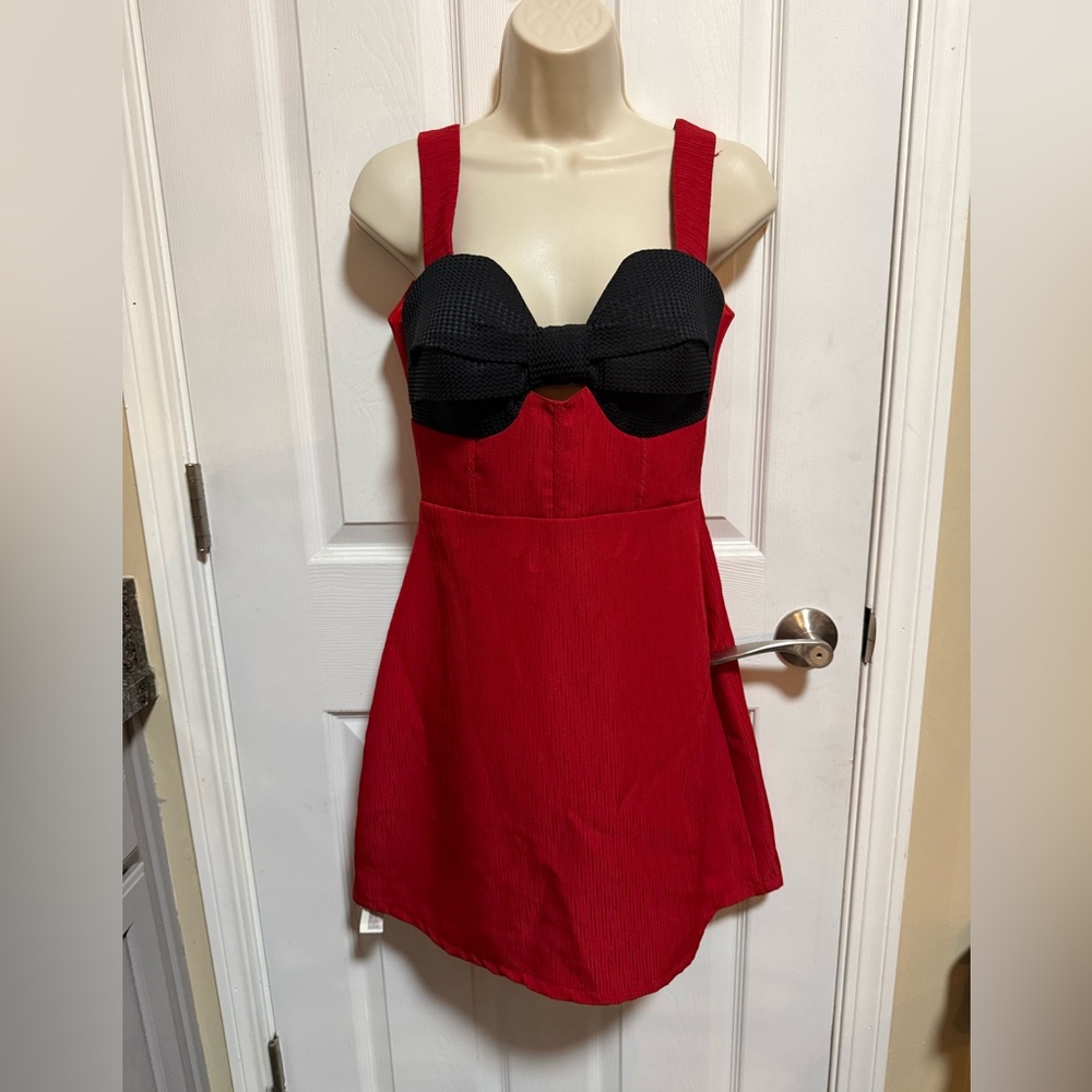 Red and Black Mini Dress with Bow Bust